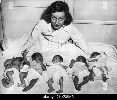 Sechs Babys, die während der Reise des Passagierliners geboren wurden -- als der SS-General W. H. Gordon heute hier ankam, berichtete Ship's Chirurg Dr. Charles Rogers über die Lieferung von sechs chinesisch-amerikanischen Babys, die während der Reise in den Orient und zurück geboren wurden. Einer wurde auf der Reise nach draußen geboren die anderen fünf, die hier mit der Schiffsschwester Carol Donahue abgebildet sind, wurden auf der Heimreise geboren und werden zu Häusern von GI-Eltern in verschiedenen Teilen der USA gehen.der Arzt sagte, dass es ungewöhnlich für so viele gesegnete Ereignisse während war Eine Reise. 19. August 1948. (Foto von AP Wirephoto). Stockfoto