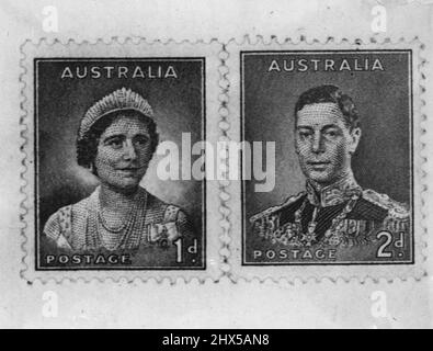 Neue Briefmarken: Die neuen australischen Marken mit den Köpfen von König George VI. Und Königin Elizabeth. Sie sind kleiner als die vorhandenen Marken, die sie am 10. Mai ersetzen werden. 17. April 1937. Stockfoto