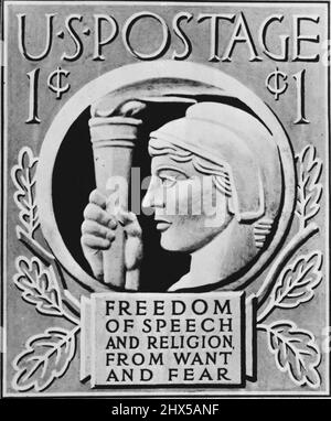 U.S. Four Freedoms Poststempel - Dies ist das Design einer neuen Serie ***** Briefmarken herausgegeben vom ***** . Die Figur ist ein ***** Die Fackel von ***** halten . Die Marke erinnert an das ***** Religion, aus Wunsch und Angst ***** Nationen kämpfen. 03.Mai 1943. (Foto von U.S. Official war Information Picturs). Stockfoto