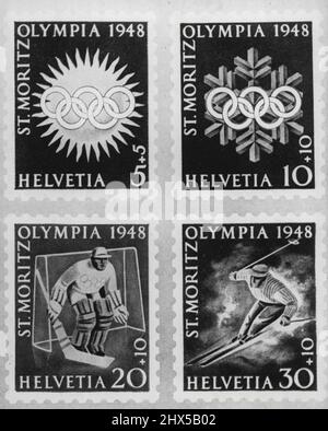 Schweizer Briefmarken zahlen die Olympischen Kosten - die vier neuen Schweizer Olympia-Briefmarken, die ab heute in Gebrauch sein werden. Der Betrag der jeweiligen Steuer wird als Plus zu den ursprünglichen Kosten angezeigt. Die Schweizer Regierung, die für die Kosten der zehn Tage Olympischen Winterspiele in St. Moritz eine Summe von 350.000 Schweizer Franken garantiert hat, hat eine Serie von vier speziellen olympischen Marken von 5, 10, 20 und 30 Rappen herausgegeben, die jeweils eine zusätzliche Steuer, Deren Verkäufe werden voraussichtlich die Hälfte des garantierten Betrags entbeuen. Januar 15, 1948. (Foto von Fox). Stockfoto