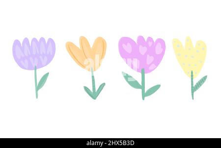 Set von niedlichen Vektor-Blumen. Niedliches, flaches Cartoon-Design. Bunte Tulpen handgezeichnet im Kinderstil. Stock Vektor
