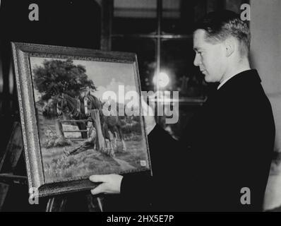 Gemälde von armlosen Künstler - Kapitän J.H. Macnamara M.P. untersucht ein Gemälde eines armlosen Künstlers, Edward Josling von Salford, der mit seinen Füßen malt. Eingereicht für die Ausstellung von Ölgemälden in den New Burlington Gallerien London statt. In Kürze. Fünfzehntausend Gemälde wurden eingereicht. 18. März 1936. (Foto von London New Agency Photos Ltd.). Stockfoto