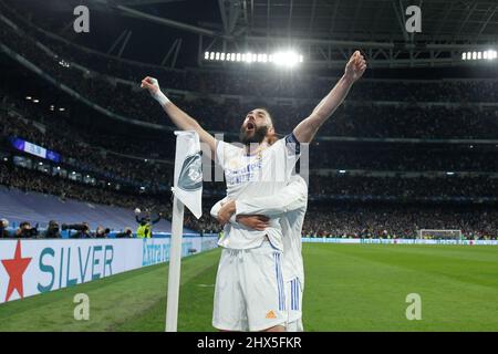 Karim Benzema von Real Madrid feiert ein Tor während der UEFA Champions League, Runde von 16 - zweite Etappe, Fußballspiel zwischen Real Madrid und Paris Saint Germain - PSG im Santiago Bernabeu Stadion am 09. März 2022, in Madrid, Spanien. - Foto: Oscar Barroso/DPPI/LiveMedia Stockfoto