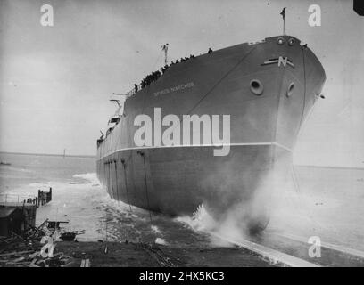 Der größte Tanker der Welt startete in Barrow-in-Furness - Spyrios Niarchos, der beim Start in Barrow-in-Furness am heutigen 2. Dezember ins Wasser kam. Der größte Öltanker der Welt, der 47.750 Tonnen schwere Spyrios Niarchos, wurde heute im Dezember 2 in Barrow-in-Furness gestartet. Vickers Armstrong baute den Tanker für den griechischen Schifffahrtsmagnaten Stavros Niarchos, der an dem Stapellauf teilnahm. Unter griechischer Flagge wird das Schiff Rohöl vom Persischen Golf zu den Raffinerien im Vereinigten Königreich transportieren. Der neue Tanker ist 757 Fuß lang und wird mit einer Höchstgeschwindigkeit von 17 durch Turbinen mit 20.000 PS gefahren Stockfoto