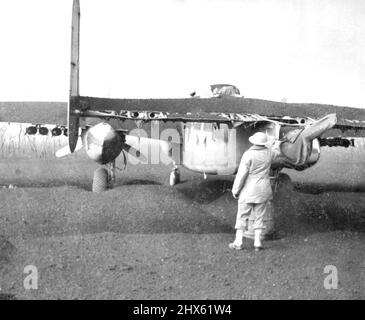 Durch Bindemittel vom Vesuv beschädigt - ein amerikanisches Flugzeug, das durch den Sturz großer Bindemittel vom vesuv beschädigt wurde, wird von einem Flieger untersucht, der einen Metallhelm trägt, um ihn während des jüngsten Ausbruchs vor dem anhaltenden Fall der heißen Asche vom Berg zu schützen. In einigen Gebieten war der Boden bis zu einer Tiefe von zweieinhalb Fuß bedeckt. 10. April 1944. (Foto von Associated Press Photo).;durch Aktenordner vom Vesuv beschädigt - ein amerikanisches Flugzeug, das durch den Sturz großer Aktenordner vom vesuv beschädigt wurde, wird untersucht b Stockfoto