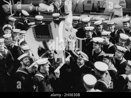 Maskottchen der Zerstörer-Geschwader von 10., „Trunky“, die von den ersten Freiheitsmännern nach dem Dienst bei den Anzex-Streitkräften in den malaiischen Gewässern abgesetzt wurde. Anführer HMAS Tobruk. Während der kombinierten Flotten Übungen in malaiischen Gewässern. Diese Burschen müssen bis zu sechste Tage gehen, bevor sie mit ihrem Zerstörer in dieses Gebiet zurückkehren. Aufgenommen in G.I. das Maskottchen ist ein heiliger weißer Elefant von ***** Es ist eine Balz nach Bangkok ***** . 22. Juli 1955. (Foto von Gordon Herbert Short/Fair Stockfoto