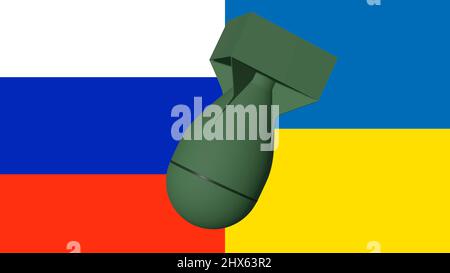 Grüne Bombe vor der russischen und ukrainischen Opposition. Konzept der russischen und ukrainischen Kriegsopposition. 3D gerenderte Abbildung. Stockfoto