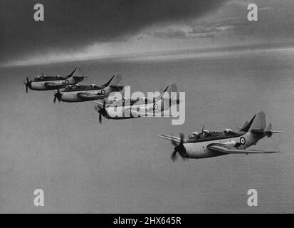 Die Anti-Submarine-Flugzeuge der Marine das heutige Bild des 703-fachen Fluges des Anti-U-Boot-Flugzeugs Fairey Gannet, das gerade offiziell am R.N. eingeweiht wurde Air Station bei Ford, in Sussex. Dieses Luft-Luft-Bild wurde nach der Bodenzeremonie zuvor aufgenommen. 5. April 1954. Stockfoto