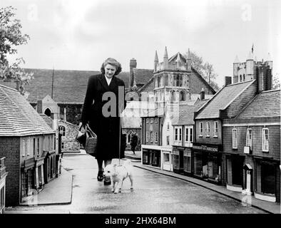 Mit diesem Bild ist nichts falsch. Mrs. Norma Wilkinson und ihr Hund Penny aus Wimbourne, Dorset, sind nicht überdimensioniert, es ist nur so, dass sie gemeinsam auf eine Shopping-Expedition in jeder Hinsicht gehen, mit der Ausnahme, dass man zehnmal kleiner ist. Das Modelldorf, das an das echte angrenzt, benötigte zwei Männer, die über drei Jahre Vollzeit arbeiteten, um zu bauen und kostete 10.000 £. Es wurde im Maßstab von einem Zehntel gebaut und umfasst eine Fläche von 3/4acre und besteht aus über 300 Gebäuden, von denen jedes genau das gleiche ist Stockfoto