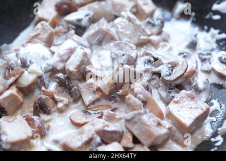 Pilze mit saurer Creme . Leckeres Abendessen auf dem Teller Stockfoto