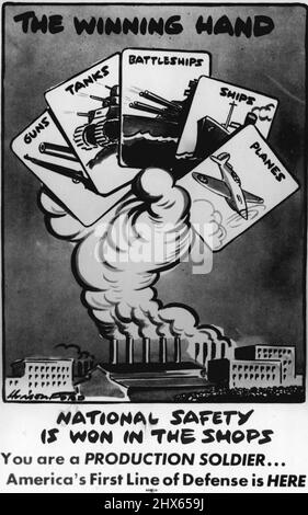 Dies sind US-Verteidigungsplakate -- undenkbar wäre ein Krieg ohne Plakate. Wie Bands, Paraden, Flaggen und patriotische Reden sind sie darauf ausgelegt, friedliche Bürger zu Taten wagemutiger und harter Arbeit zu wecken. Seit dem Eintritt Amerikas in den Zweiten Weltkrieg werden Plakate in Verteidigungsfabriken aufgehängt, während Arbeiter hart arbeiten, den Mund halten, nach fünften Kolumnisten und Saboteuren Ausschau halten. Die Schöpfer dieser neuen Cartoon-Plakate sind Cy Hungerford, der berühmte Karikaturist der Pittsbu Stockfoto