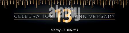 13.-jähriges Jubiläum. Dreizehn Jahre Geburtstagsfeier horizontale Banner mit leuchtend goldenen Farbe. Stock Vektor