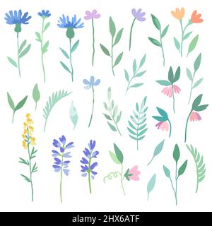Großes Set von abstrakten Wiesenblumen im Aquarellstil. Handgezeichnete Vektorgrafik. Stock Vektor
