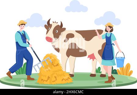 Landwirte melken Kühe, um Milch mit Blick auf Green Meadows oder auf Bauernhöfen in einem Illustration Flat Style zu produzieren oder zu erhalten Stock Vektor