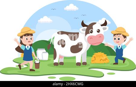 Landwirte melken Kühe, um Milch mit Blick auf Green Meadows oder auf Bauernhöfen in einem Illustration Flat Style zu produzieren oder zu erhalten Stock Vektor