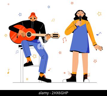 Mädchenband mit Sängerin und Musikerin mit Gitarre. Vector flache Illustration von Frauen spielen Musik und singen auf Konzert, Festival oder Talentshow. Nette Mädchen Künstler führen mit Mikrofon und Instrument Stock Vektor