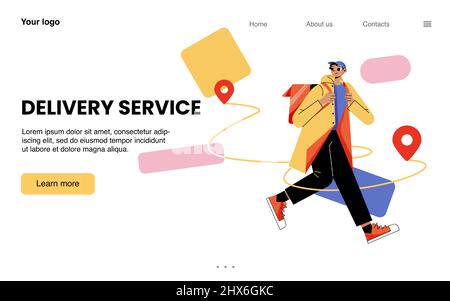 Lieferservice-Banner mit man-Kurier mit Rucksack und Kartenpunkten. Vektor-Landing-Page mit flacher Darstellung von liefern Mann gehen und tragen Paket oder Bestellung Stock Vektor