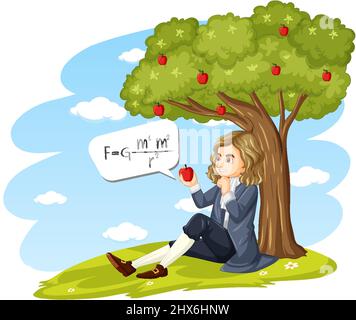 Isaac Newton sitzt unter Apfelbaum Illustration Stock Vektor