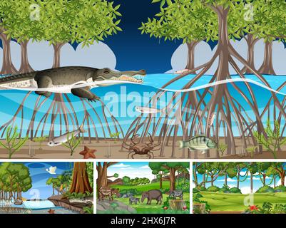 Szenen mit wilden Tieren im Wald Illustration Stock Vektor