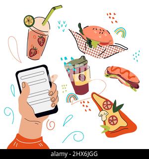 Lebensmittel Online-Bestellung und Lieferung Banner Hintergrund mit Hand halten Smartphone und Symbole von verschiedenen Gerichten. Antrag auf Bestellung von Restaurantgerichten, ca. Stock Vektor