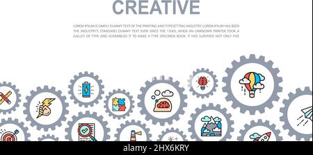 Kreative Landing Page mit farbigen Symbolen. Innovation, Startup, Artwork, Projekt, Idee Vektor Website Konzept Hintergrund. Stock Vektor