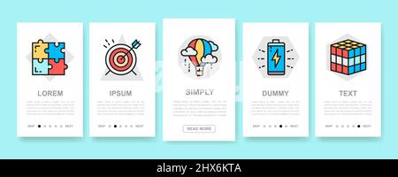 Kreative Bildschirme für mobile Anwendungen eingestellt. Innovation, Startup, Artwork, Projekt, Idee vertikale Banner mit farbigen Web-Icons. Stock Vektor