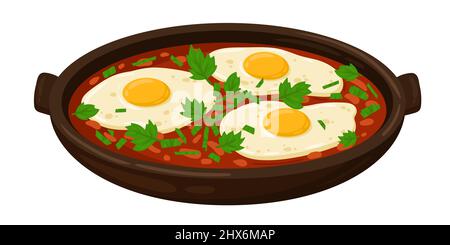 Cartoon Huevos rancheros mexikanische Lebensmittel Vektor Illustration. Traditionelle Mexikanische Küche. Huevos rancheros mit Sauce isoliert auf weißem Hintergrund. Stock Vektor