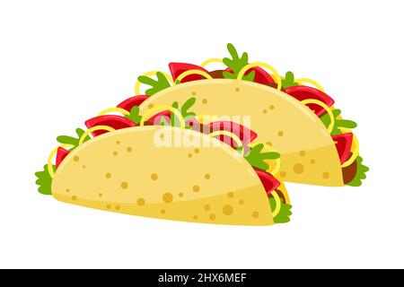 Cartoon Tacos mit Fleisch mit Gemüse Vektor-Illustration mexikanische traditionelle Lebensmittel. Isoliert auf weißem Hintergrund. Stock Vektor