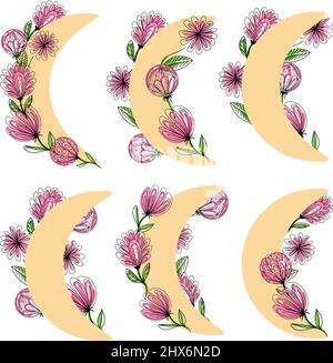 Mond mit Blumen, handgezeichnete Doodle-Stil-Elemente. Fantasieblumen. Frühling, Designelemente. Feder Stock Vektor