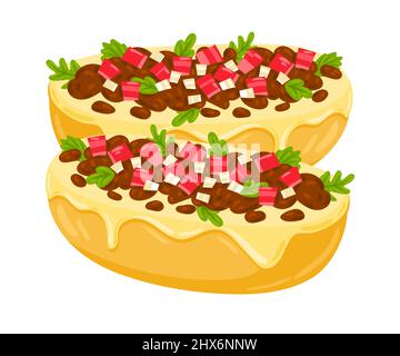 Cartoon Molletes mexikanische Lebensmittel Vektor Illustration. Traditionelle Mexikanische Küche. Molletes mit Sauce, Bohnen und Käse isoliert auf weißem Hintergrund. Stock Vektor