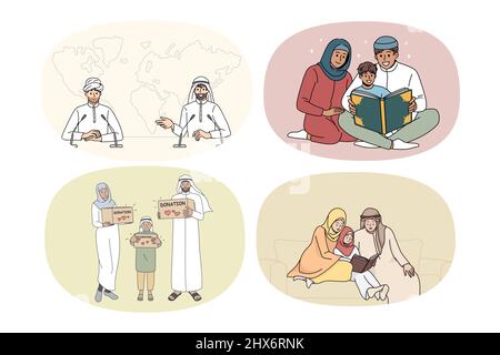 Eine Gruppe verschiedener arabischer Familien mit Kindern in traditioneller Kleidung las den Koran. Sammlung arabischer Menschen nach Bräuchen und Traditionen. Kultur und Religion. Vektorgrafik. Stock Vektor