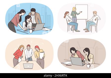 Sammlung von Mitarbeitern oder Kollegen, die an Teambuilding-Aktivitäten oder Diskussionen im Büro beteiligt sind. Verschiedene Geschäftsleute arbeiten am Arbeitsplatz zusammen. Teamarbeit. Vektorgrafik. Stock Vektor