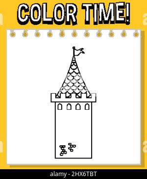 Arbeitsblätter Vorlage mit Farbdauer! Text und castel-Umrissdarstellung Stock Vektor