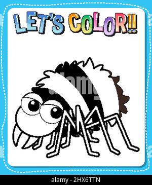 Arbeitsblätter Vorlage mit Let’s color!! Text und Darstellung der Umrisse der Spinne Stock Vektor