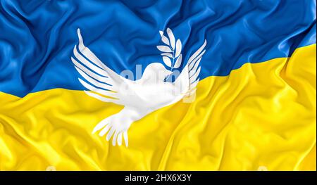 Ukrainische Flagge mit Friedenssymbol, Taube mit Olivenbaum. 3D Rendern. Stockfoto