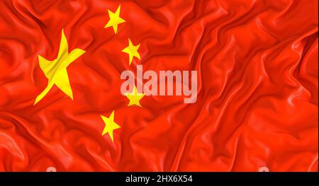 chinesische Flagge mit Wellen und Falten. 3D Rendern Stockfoto