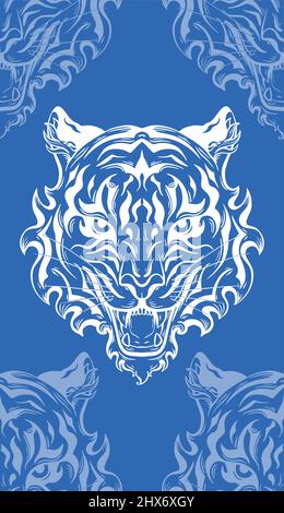 Nahtloses Monochrom-Muster mit weißer Silhouette eines Tigers auf blauem Hintergrund. Vektor-Textur mit Kontur von brüllenden formidable Raubtier. Tracery Stock Vektor