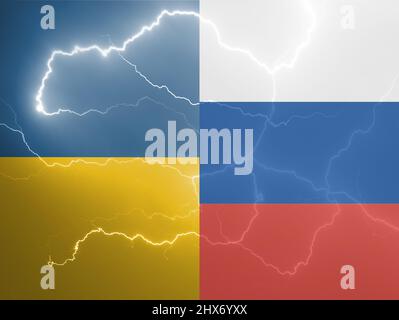 Ukrainische vs. russische Flaggen Muster mit Blitz, Kriegskonzept Stockfoto