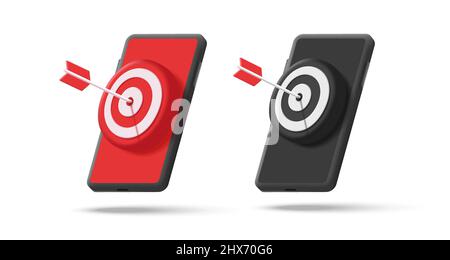 3D Render isometrisches Symbol eines Smartphones mit Zielbrett und Pfeil in der Mitte Stock Vektor