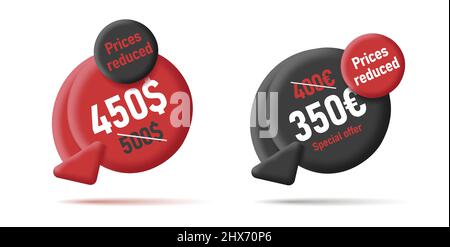 Rabatt Digitaletikett, 3D runde Form mit Pfeil nach unten, Preisschild reduzieren Stock Vektor