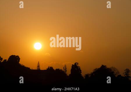 Silhouette von Bäumen und einem Zellstandort, einem Zellturm oder einer Mobilfunkbasisstation gegen eine untergehende Sonne. Stockfoto