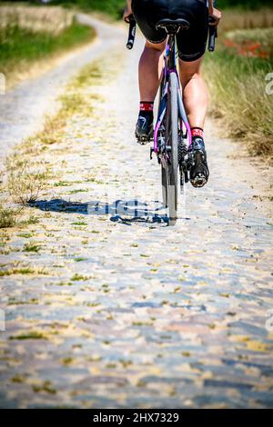 Radfahren auf Flandern-Kopfsteinpflasterstraßen Stockfoto