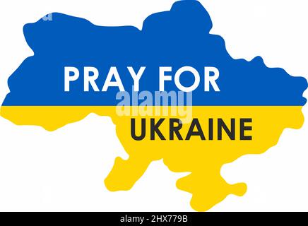Inschrift in englischer sprache Gebet der ukraine auf der Karte der Ukraine in der Farbe der Flagge Stockfoto