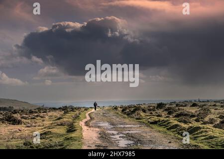 Dramatische Sturmwolken nähern sich einem Wanderer auf den Überresten einer stillvollen Eisenbahnstrecke, die jetzt als Wanderweg über das Craddock Moor am Bodmin Moor i genutzt wird Stockfoto