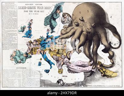 Vintage Englisch Serio-Comic War Map. Serio-Comic-Kriegskarte von Europa für das Jahr 1877. London: F.W. Rose/G.W. Bacon & Co. Digital farblich angepasst. Stockfoto