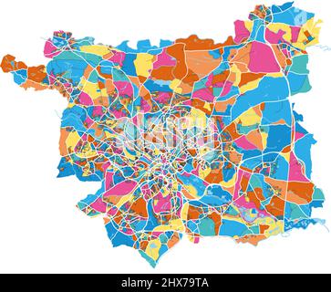 Leeds, Yorkshire and the Humber, England farbenfrohe, hochauflösende Vektorgrafik-Karte mit Stadtgrenzen. Weiße Umrisse für Hauptstraßen. Viele Details. Bl Stock Vektor