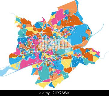 Warrington, Nordwestengland, England Bunte hochauflösende Vektorgrafik-Karte mit Stadtgrenzen. Weiße Umrisse für Hauptstraßen. Viele Details. Blu Stock Vektor