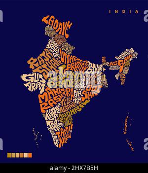 Indien Karte mit allen indischen Bundesstaaten Namensbeschriftung. Indien Kartenvektorbeschriftung. Typografie Indien Kartendesign. Indian alle Staaten Namen in Kartenform. Bharat Stock Vektor