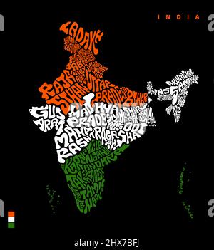 INDIEN Karte mit allen indischen Staaten Namensschrift zusammen mit indischen Farbe. Indien Kartenvektorbeschriftung. Typografie Indien Kartendesign. Indian alle Staaten Stock Vektor