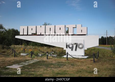 Pripyat Welcome Sign in Tschernobyl Exclusion Zone, Tschernobyl, Ukraine Stockfoto